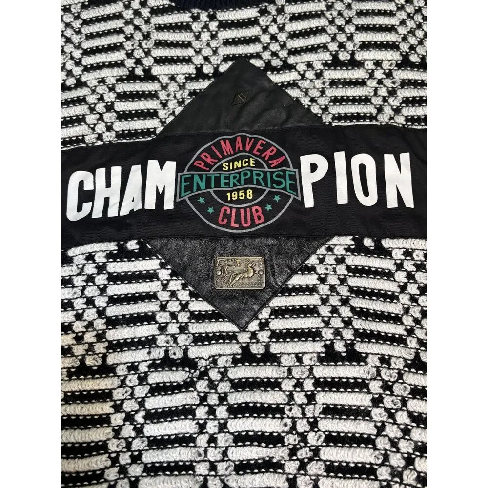 Vintage 90s 3D Knit Sweater Mens M Black White Geometric Champion Patch Grandpa